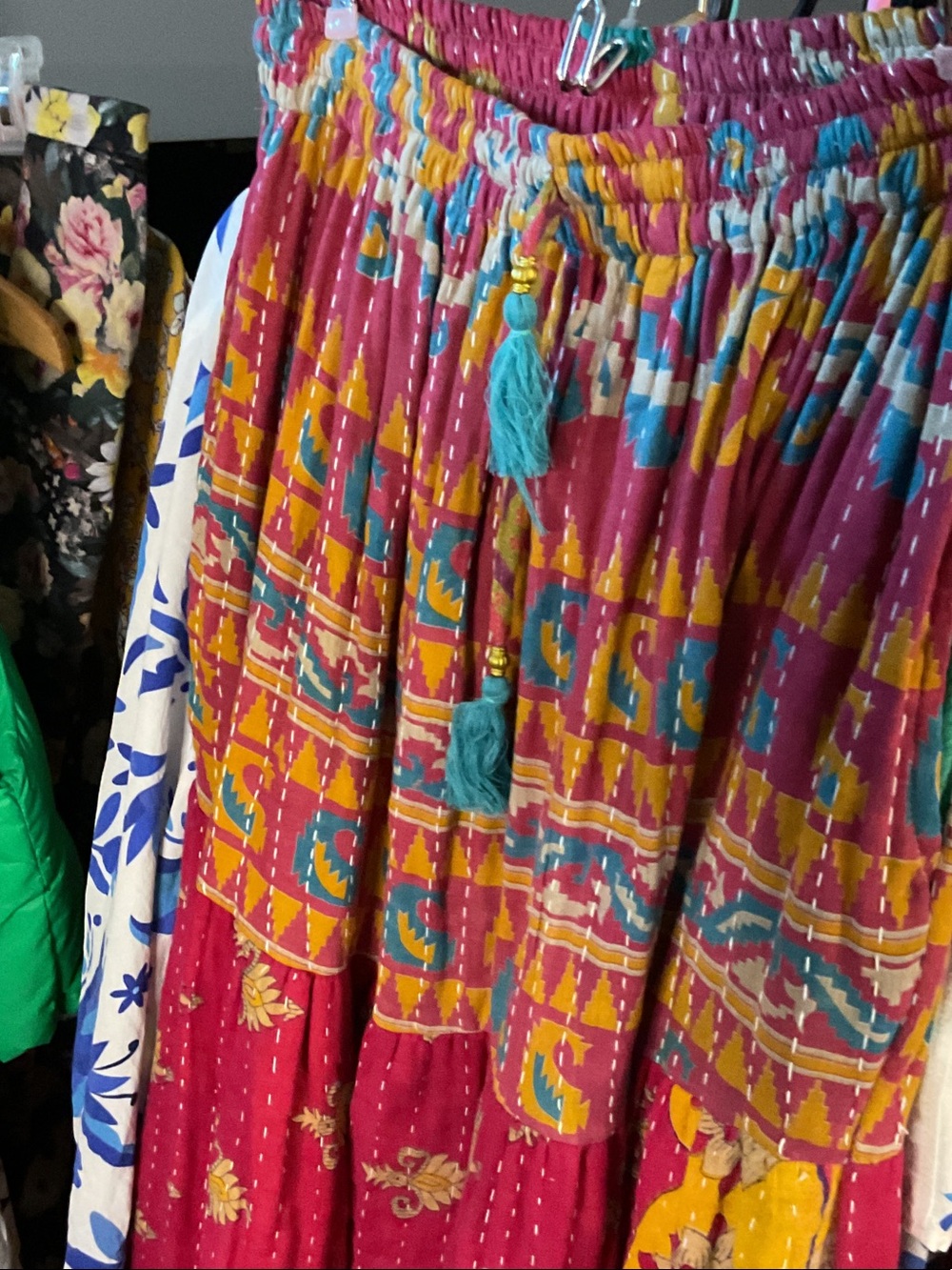 Bohemian Red Printed Tiered Maxi Skirt with Tassel Waist